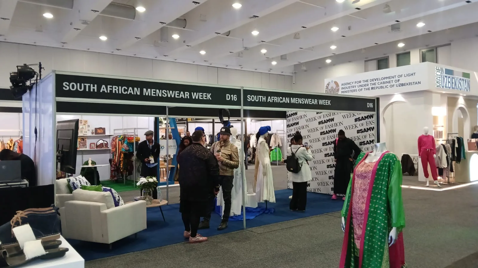 Textile and fabric samples displayed at an exhibitor stand