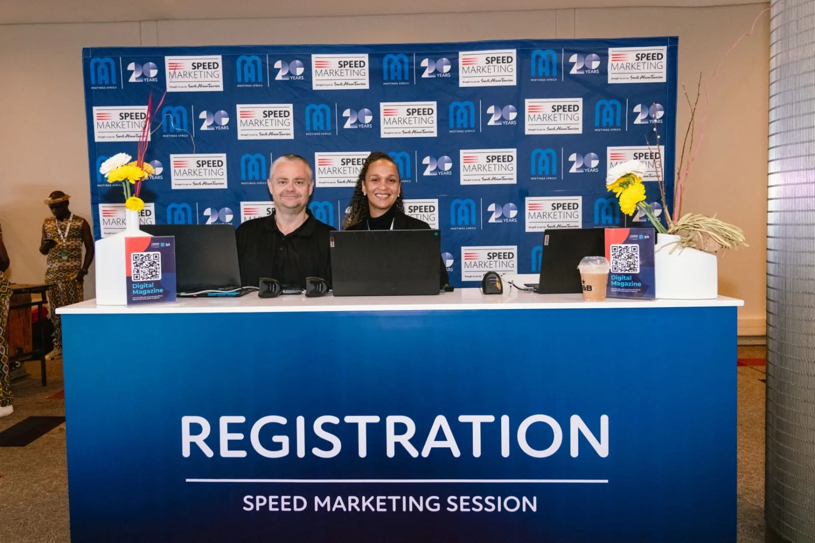Registration team welcoming delegates at the Meetings Africa 2026 Speed Marketing desk
