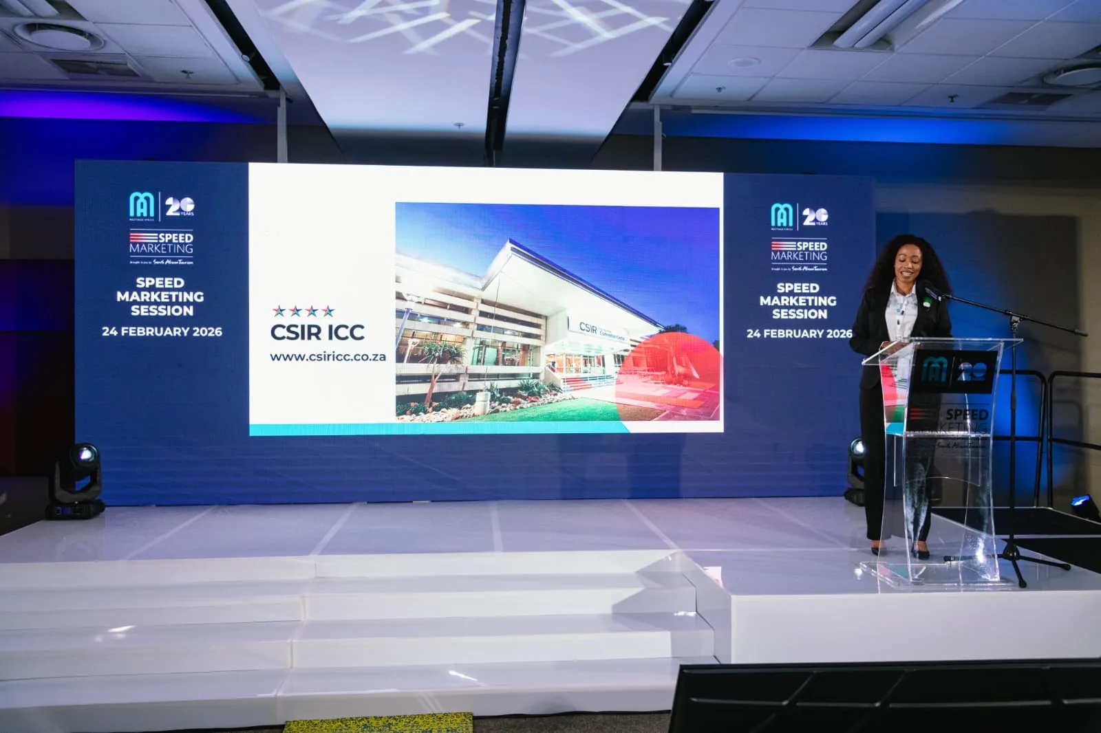 Speaker presenting on stage at the Meetings Africa 2026 Speed Marketing Session