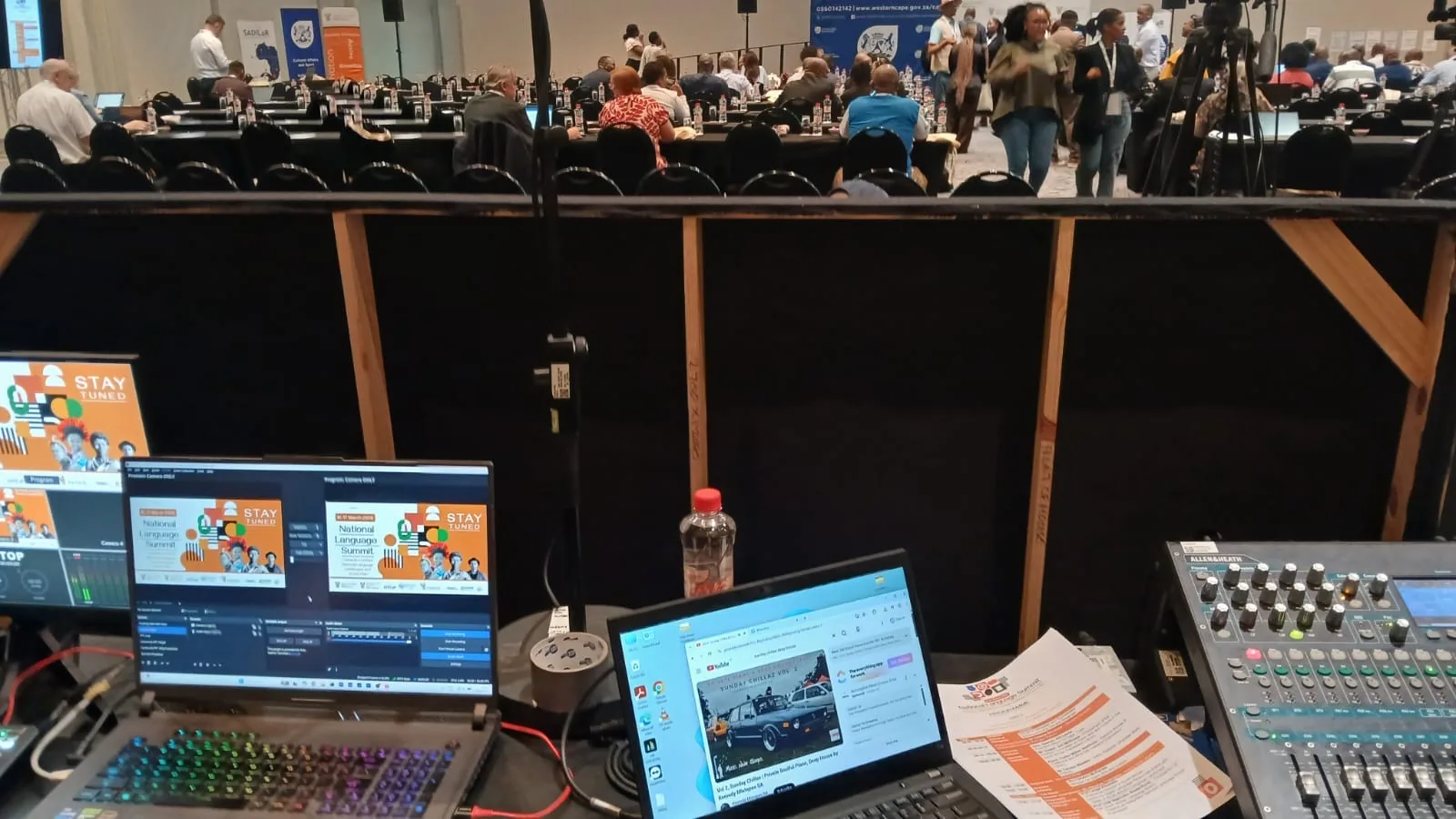Audio-visual production desk running live vision mixing and sound for the National Language Summit